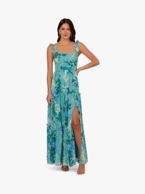 Adrianna Papell Floral Teal Maxi Dress with Side Slit size 10